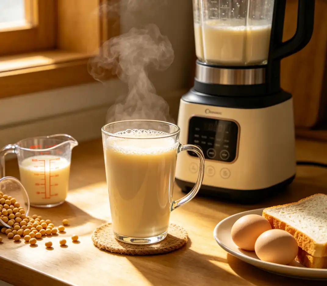 Warm homemade soy milk for breakfast