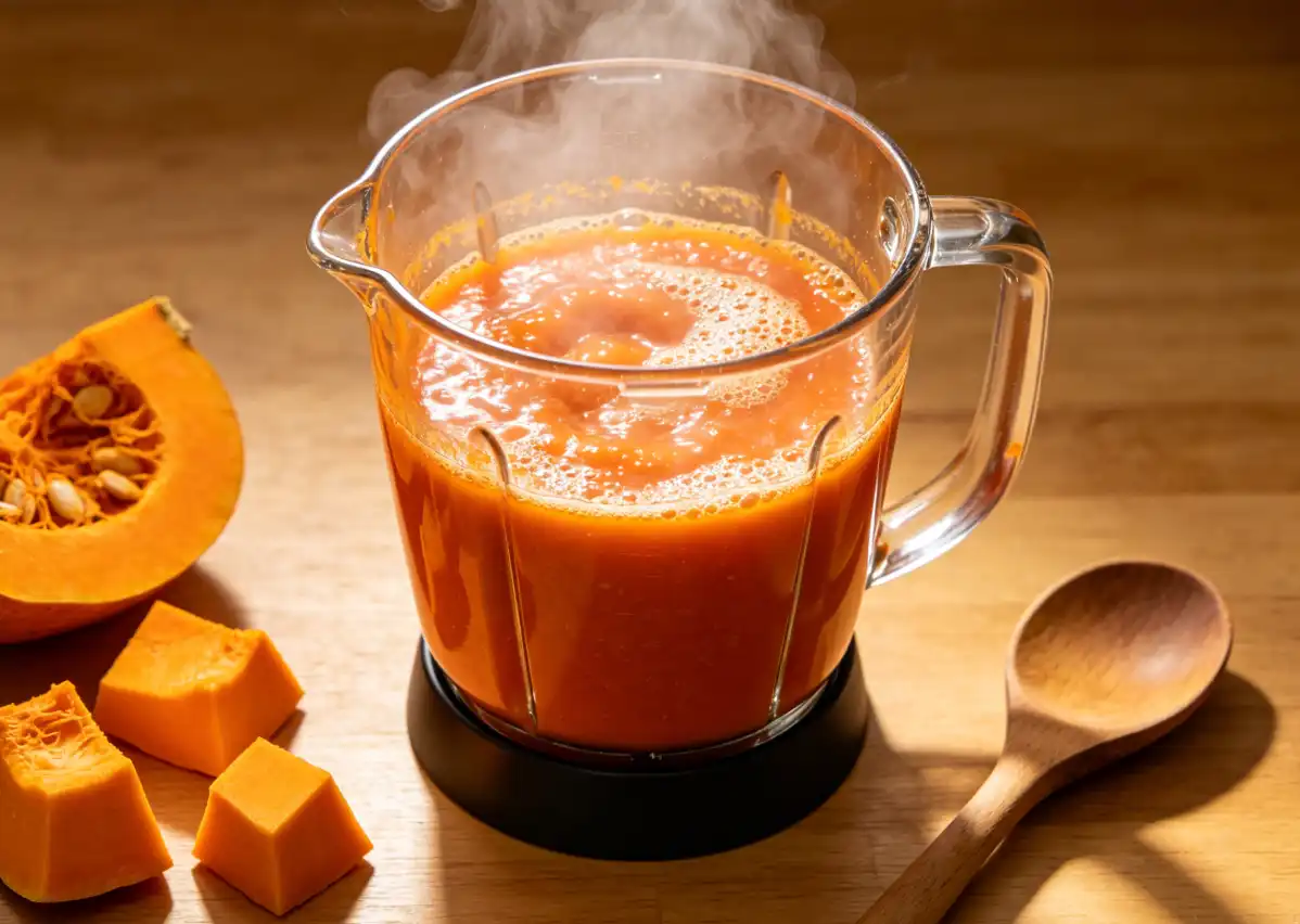 Making steaming hot pumpkin soup with blender