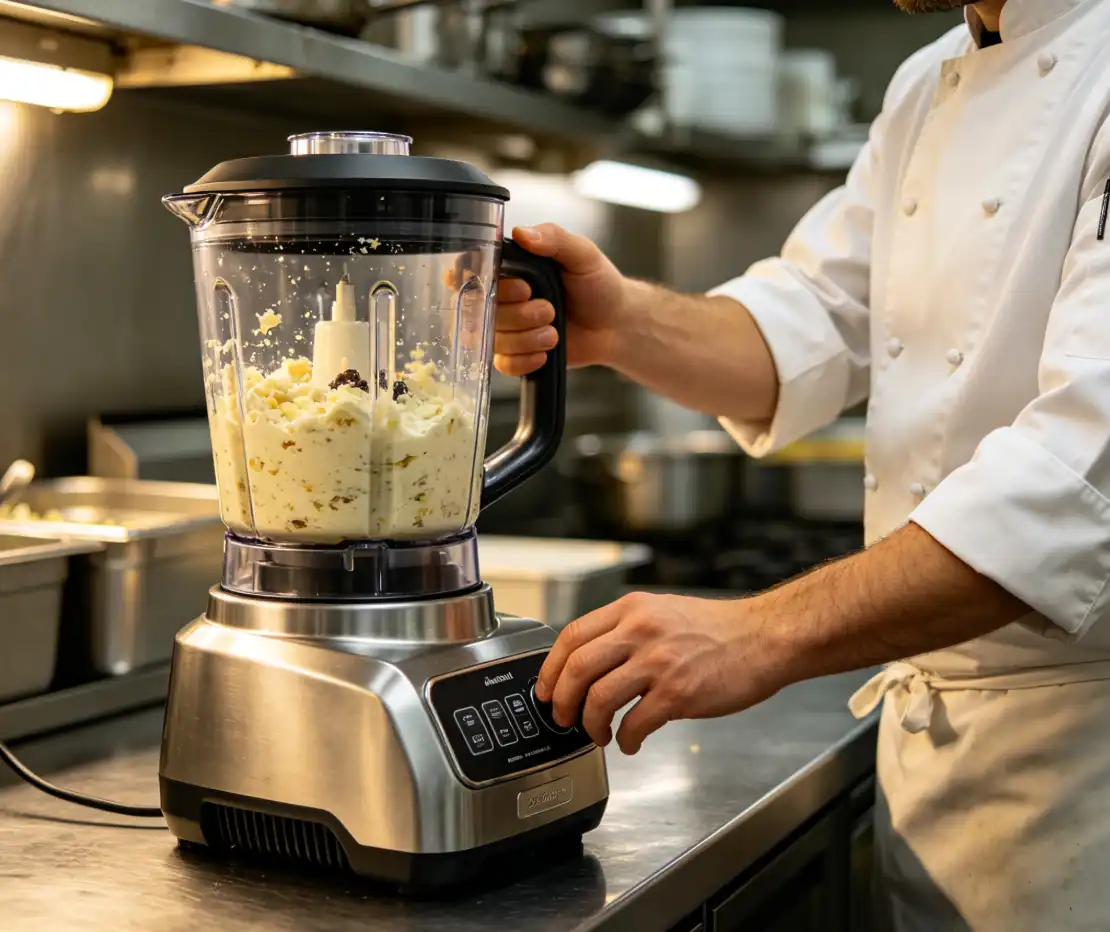 Professional kitchen food prep with blender