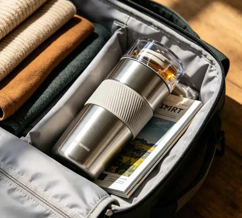 Heated cup inside a travel backpack